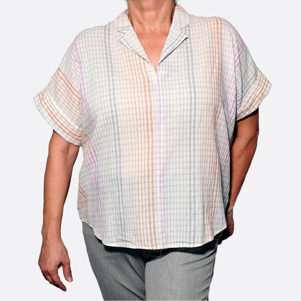 Madewell Plus Size 2X Ombré Rainbow Plaid Cotton‎ Gauze Popover Shirt Boxy Top